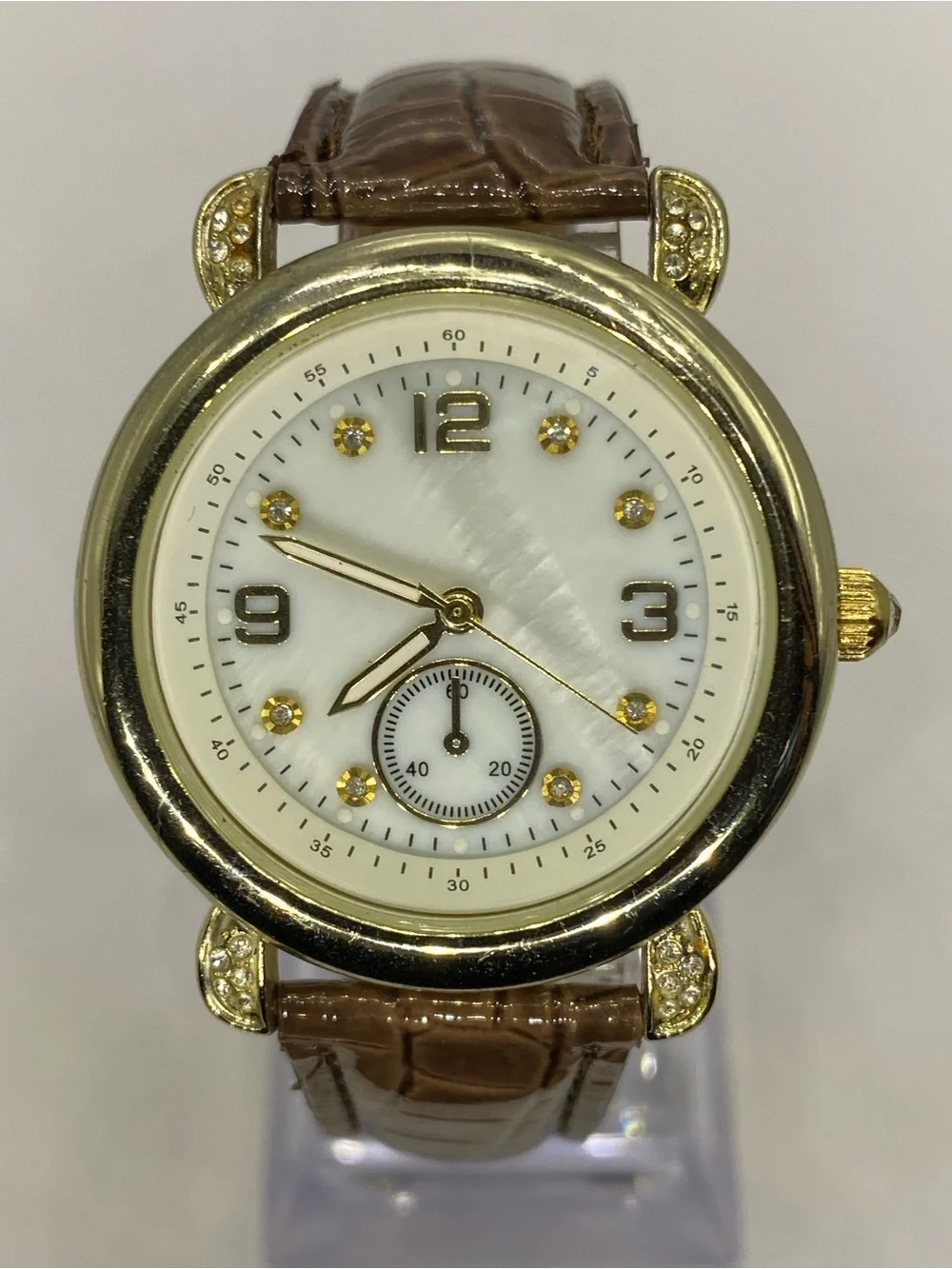 Men’s ^^^ Gold-Tone *** Iced  Crystal Accent Watch ^^^ Tan  Brown Leather Strap